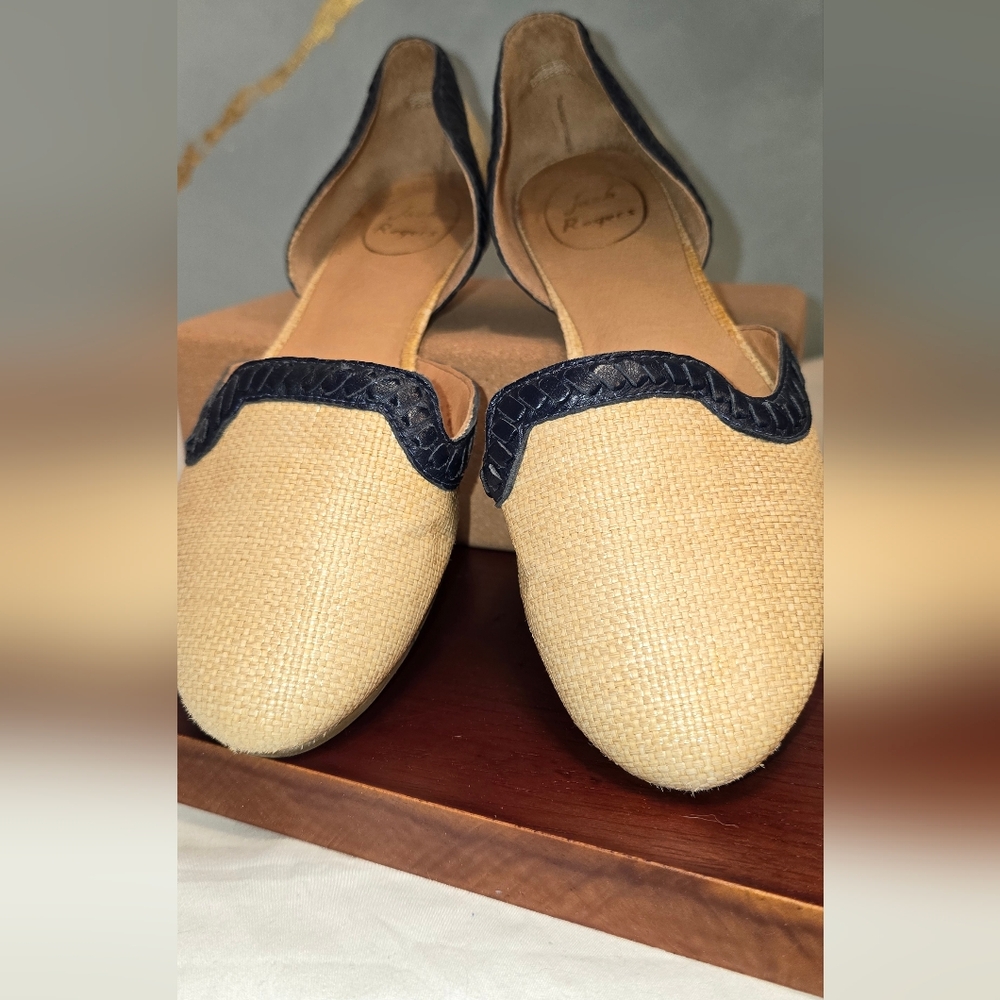 Jack Rodgers Cream Basketweave and Navy Leather Trim Side Cutout Flats 7.5